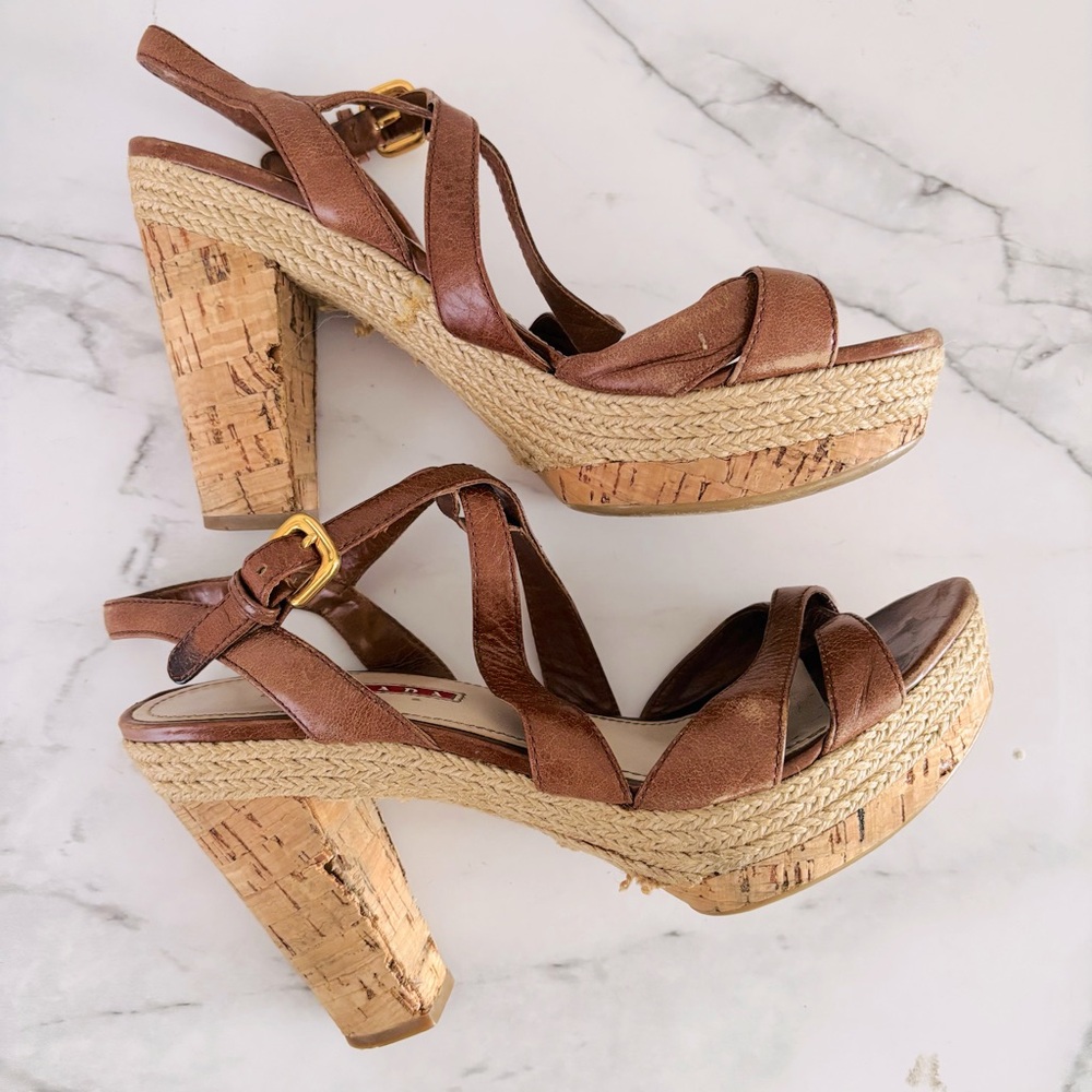 Prada Authentic Women’s Brown Strappy Sandals Cork Style Heel Size IT 38 or US 8 - Picture 6 of 10